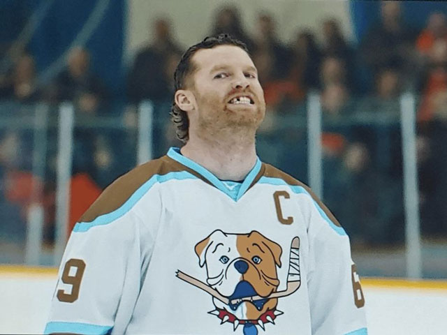 Shoresy in his Sudbury Blueberry Bulldogs jersey